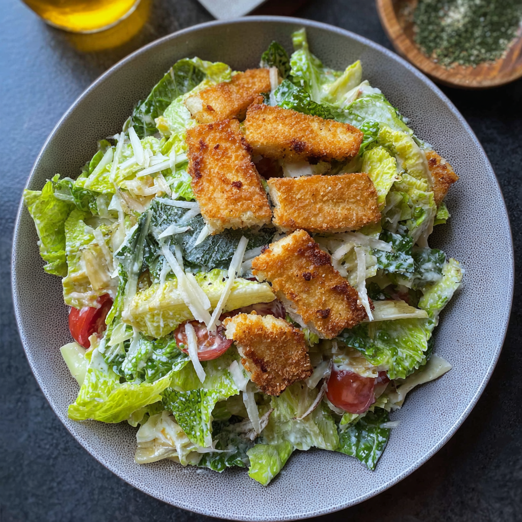 Crispy Vegetarian Caesar Salad with Breaded Tofu