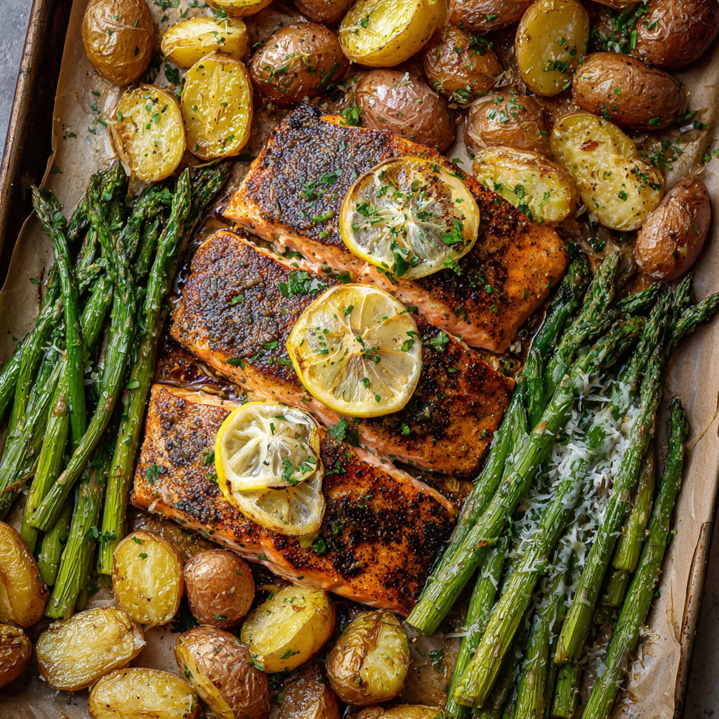 Sheet Pan Lemon Brown Butter Salmon with Potatoes &#038; Parmesan Asparagus