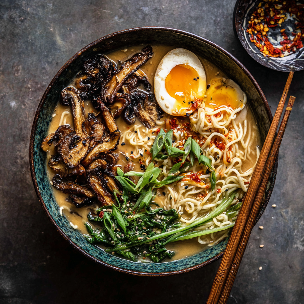 30-Minute Creamy Sesame Miso Ramen with Crispy Mushrooms