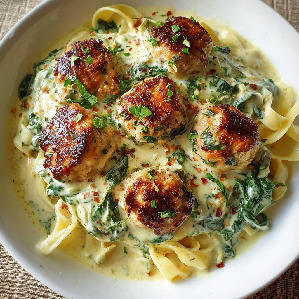 Chicken Ricotta Meatballs in Creamy Spinach Alfredo Sauce