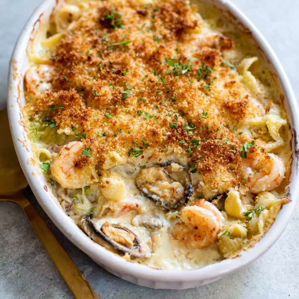 Creamy Seafood Gratin Pasta Bake (No Cream!)