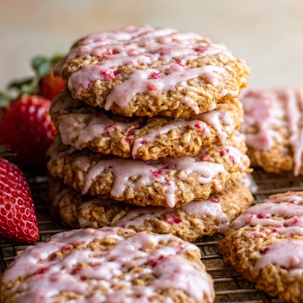 Deliciously Soft Strawberry Iced Oatmeal Cookies