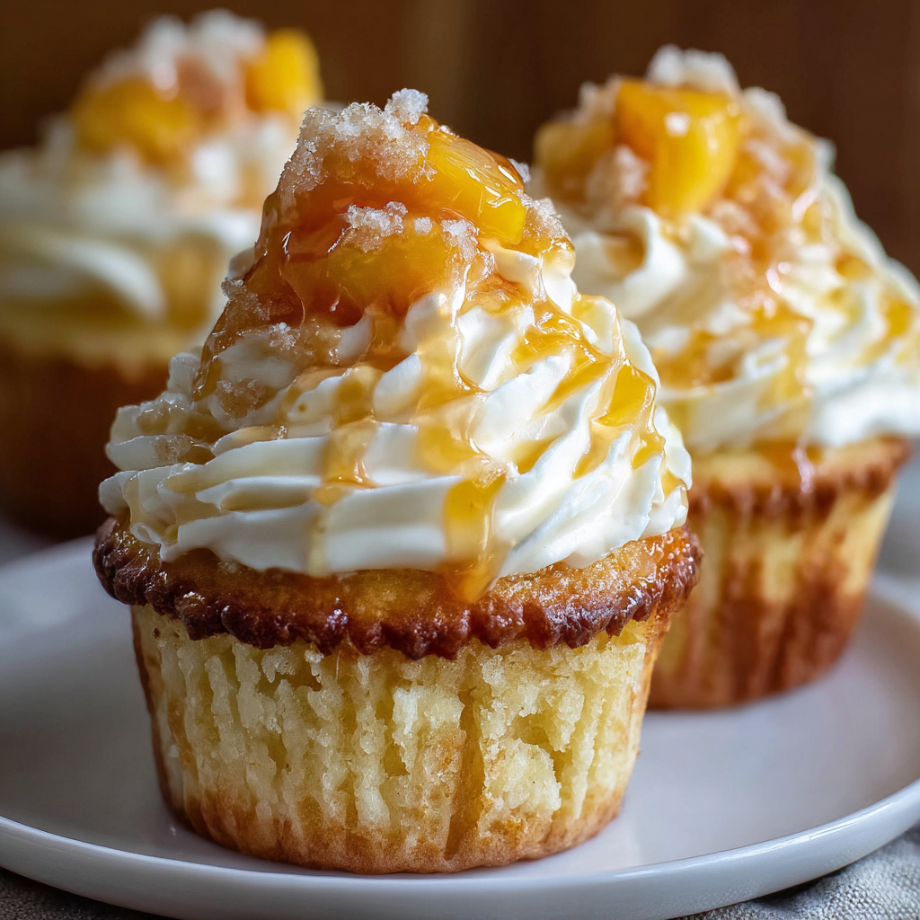 Honey Peach Cream Cheese Cupcakes (Soft Vanilla Crumb, Cream Cheese Frosting &#038; Honey-Glazed Peach, 50 Min)