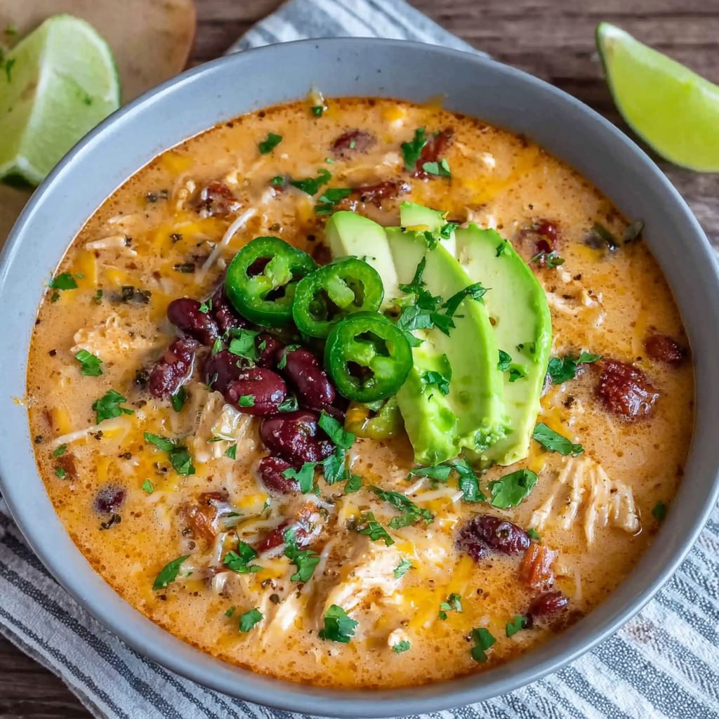 Creamy chicken enchilada soup in a black bowl, deep orange-red broth, shredded chicken, black beans, corn, melted cheese, topped with crispy tortilla strips, avocado, cilantro, lime wedge, sour cream dollop