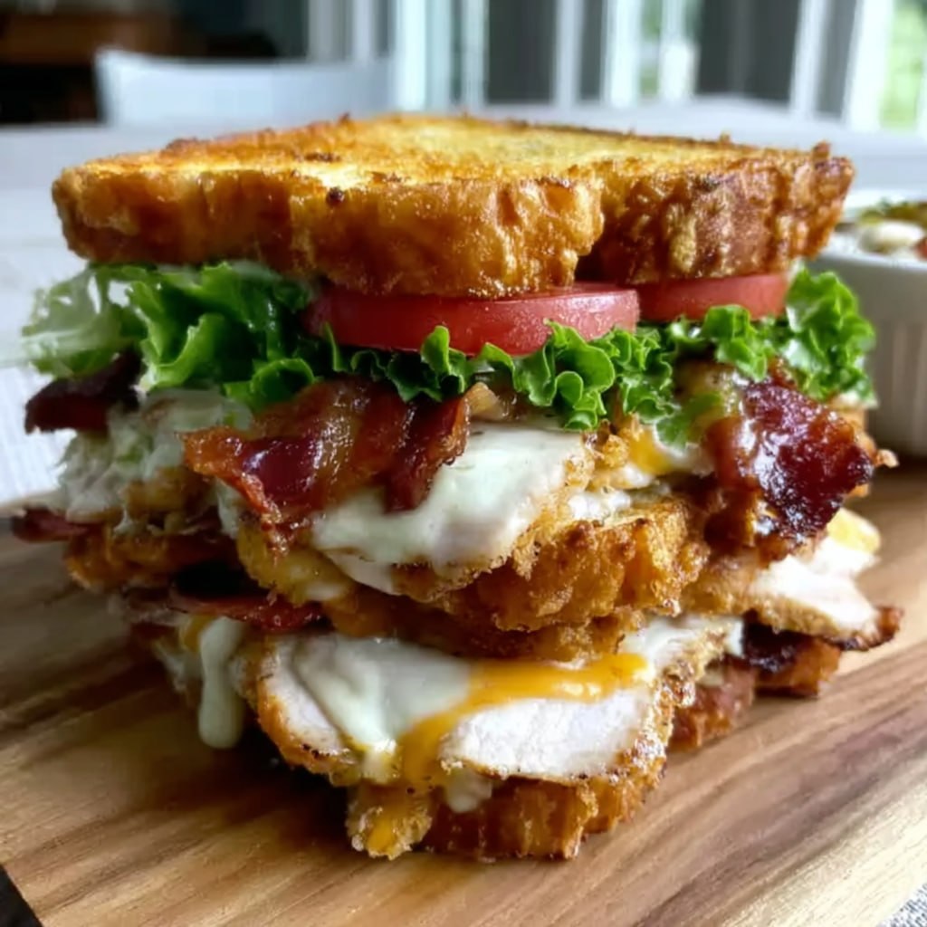 Crispy ultimate club sandwich cut diagonally and held together with frilly toothpicks, three layers of toasted bread, layers of crispy bacon, sliced turkey, lettuce, tomato, avocado, fanned out on a wooden board with potato chips and a pickle spear