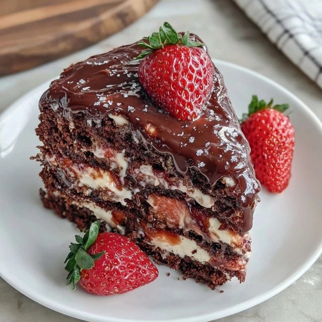 Chocolate strawberry layer cake on a cake stand with three dark chocolate sponge layers, whipped cream frosting between each tier, fresh halved strawberries decorating the top, ganache drip down the sides, slice cut to reveal layers
