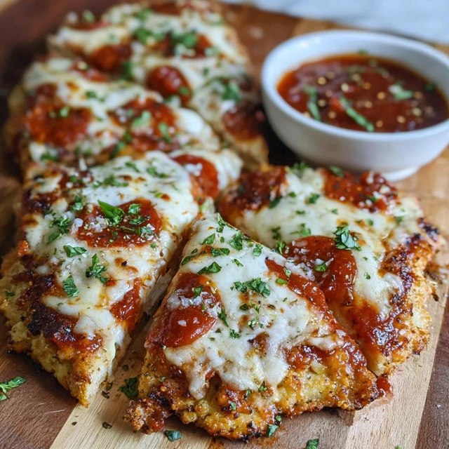 Close-up of crispy golden edge of garlic bread pizza showing layers of garlic butter, marinara, melted cheese strands, basil leaves