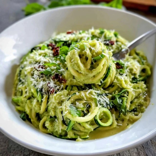 Close-up of pesto zoodles showing twirl of green zucchini noodles, glossy pesto coating, golden pine nuts, red cherry tomato half, parmesan shavings