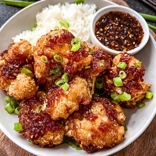 Close-up of single cauliflower piece showing crispy crackly batter exterior, glossy sweet-spicy sauce coating, sesame seeds, sliced green onion