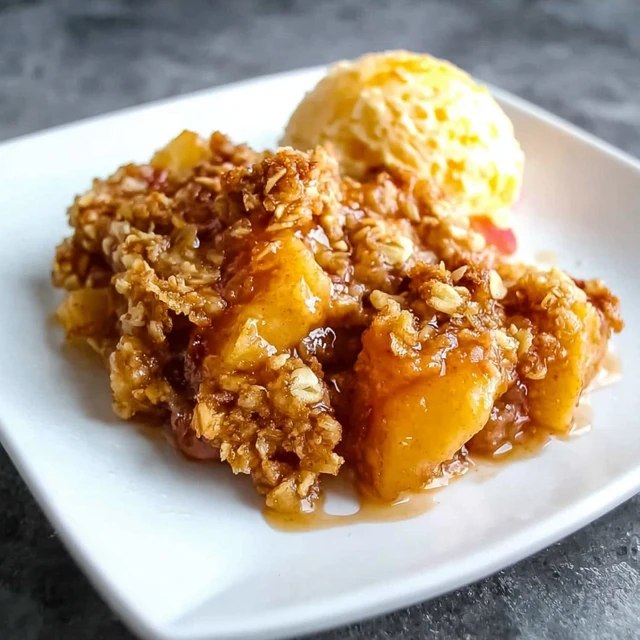 Close-up of apple crisp serving showing buttery oat streusel crust, tender cinnamon-spiced apples underneath, melting ice cream forming a glaze on top