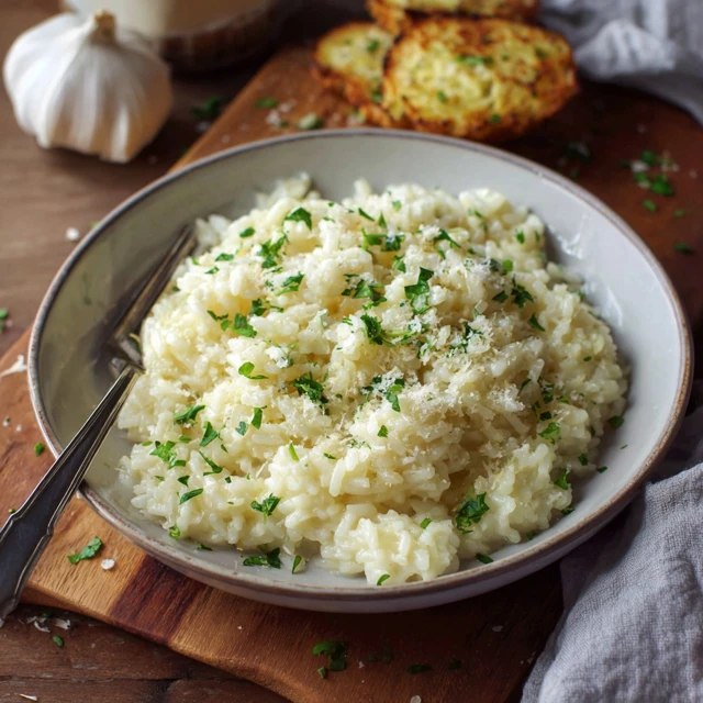 Creamy garlic parmesan risotto in a shallow bowl, glossy arborio rice with a loose spoonable texture, grated parmesan melting on top, cracked black pepper, fresh parsley