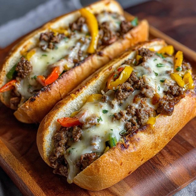 Philly cheesesteak sandwich on a hoagie roll overflowing with thinly sliced steak, sautéed peppers and onions, and gooey melted provolone cheese