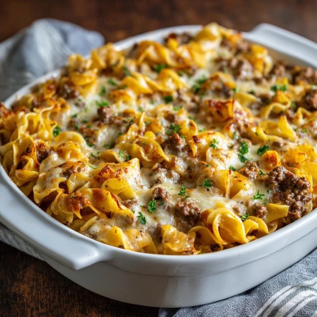Beef noodle casserole in a baking dish, egg noodles in a creamy tomato beef sauce topped with bubbly golden melted cheese, a scoop removed to show the cheesy layers
