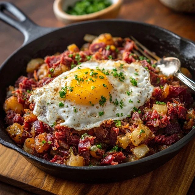 Close-up of crispy corned beef hash with a fork breaking into the runny egg yolk spilling over the potatoes