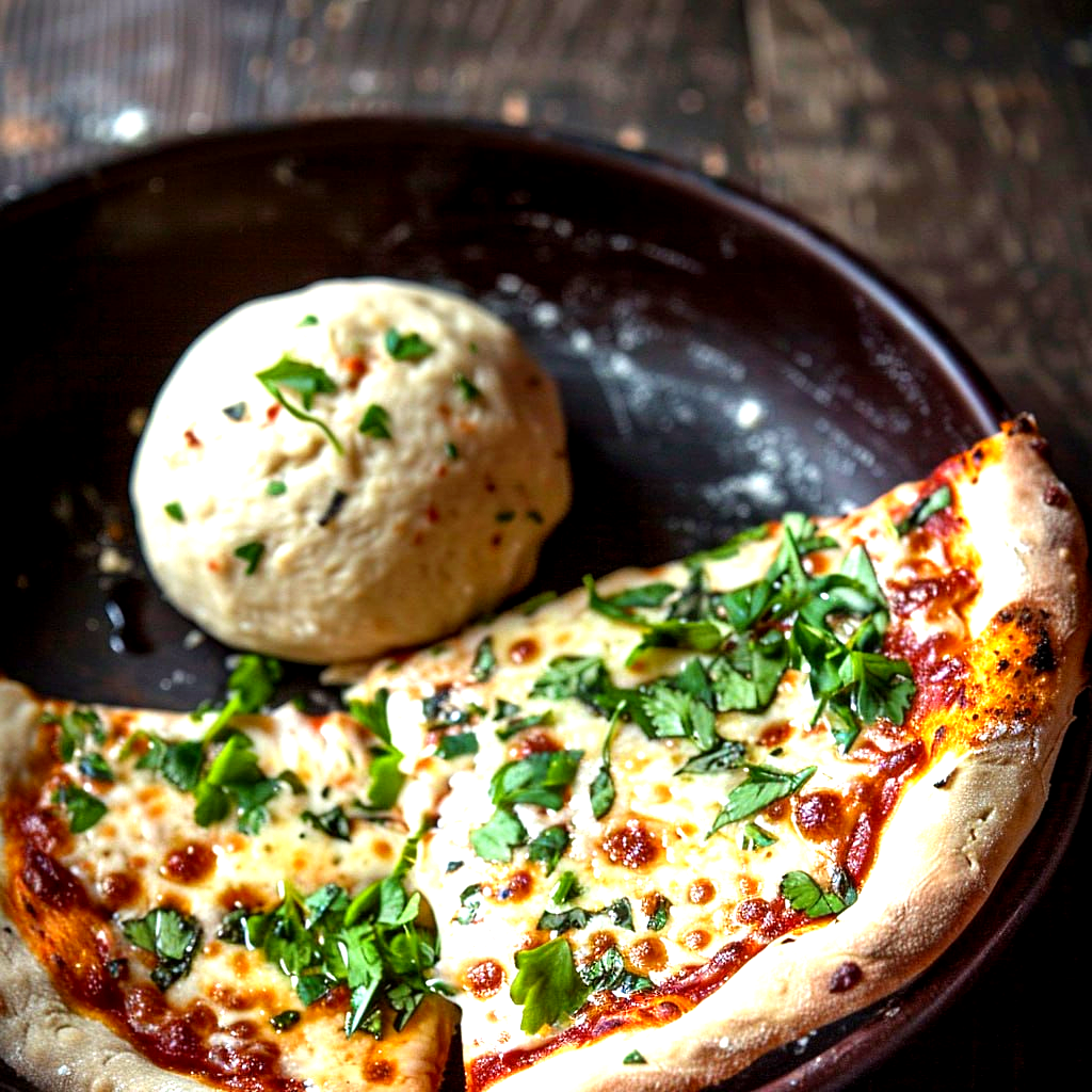 Classic homemade pizza overhead, golden crispy crust with charred bubbles, glossy red tomato sauce, melted bubbly mozzarella, fresh basil leaves scattered on top, dish fills the frame
