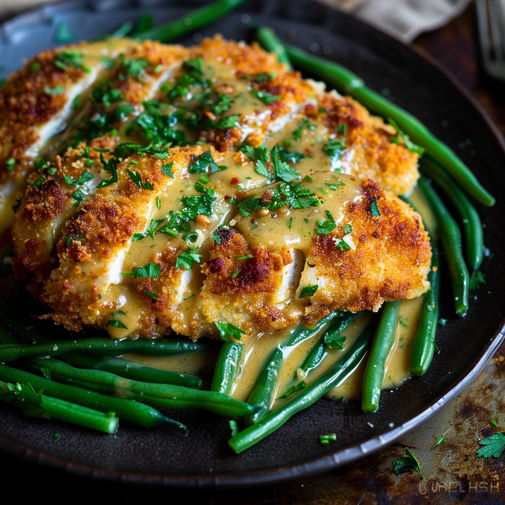 Close-up of parmesan crusted chicken cut open showing crispy golden cheese crust, juicy white chicken interior, fresh herbs