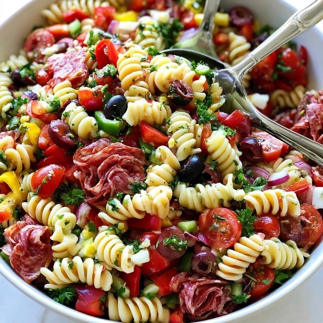 Close-up of antipasto pasta salad showing spiral pasta, cubes of salami, mini mozzarella and colorful vegetables glistening with dressing