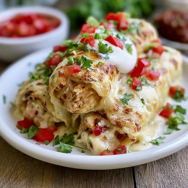 Close-up of one enchilada lifted out showing the shredded chicken and cheese filling and gooey melted cheese on top