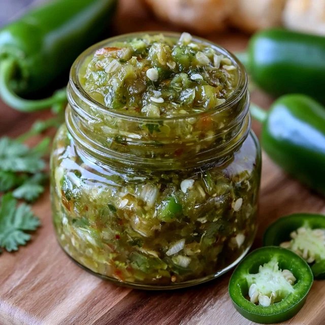 Close-up of fresh green salsa verde showing the chunky roasted tomatillo, jalapeño and cilantro texture