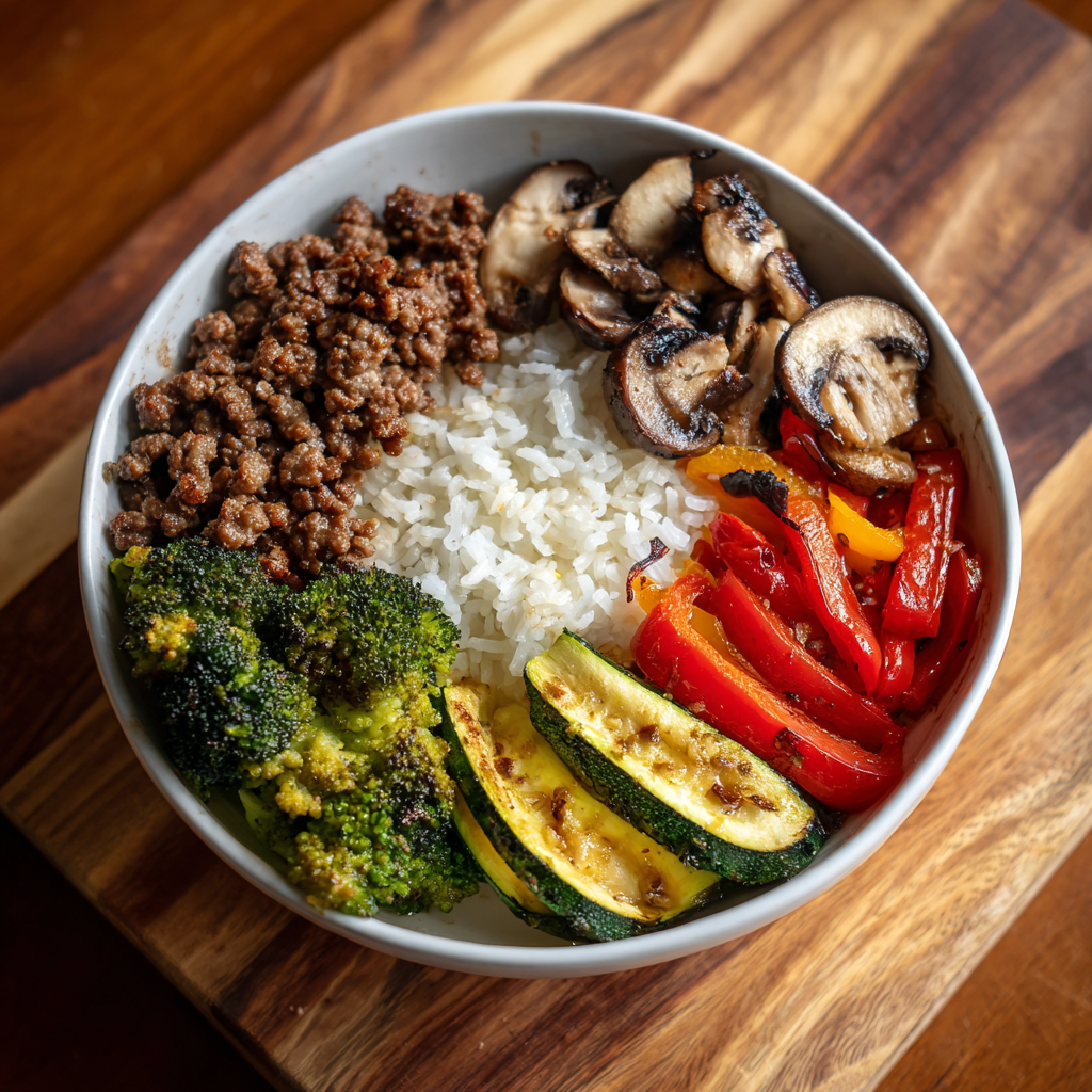 Spicy Ground Beef Stir-Fry Bowl with Garlic Veggies &amp; Steamy Rice