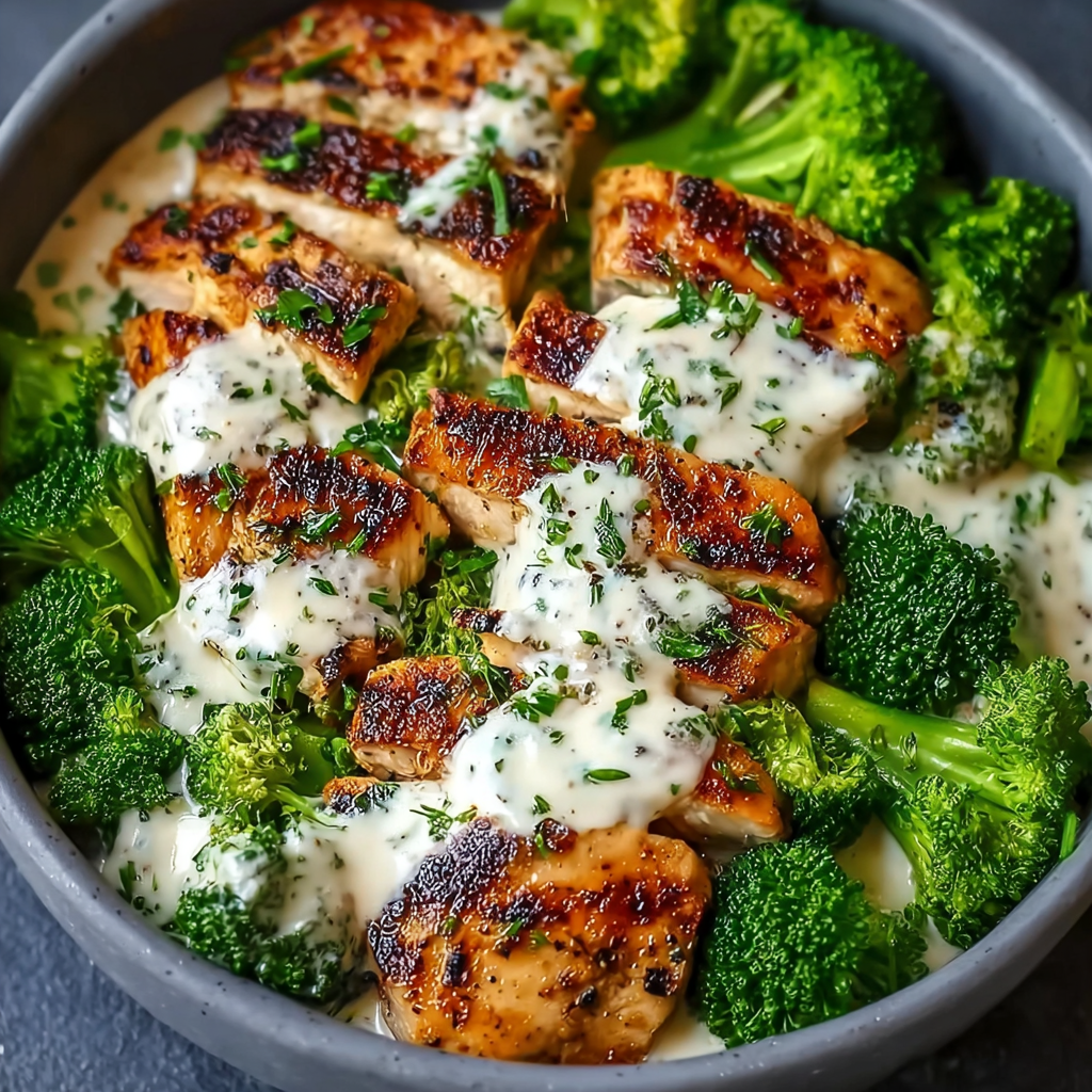 Grilled Chicken &amp; Broccoli Bowls with Creamy Garlic Sauce