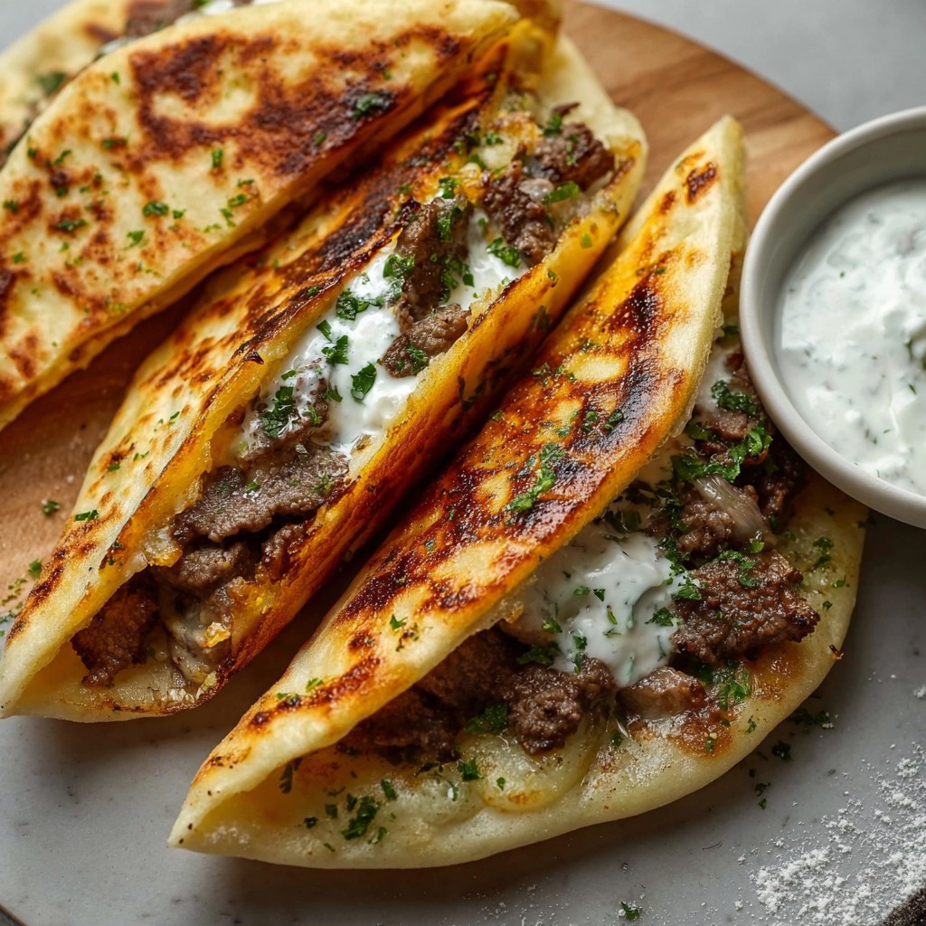 Cheesy Beef and Mushroom Pita Pockets with Tzatziki Sauce